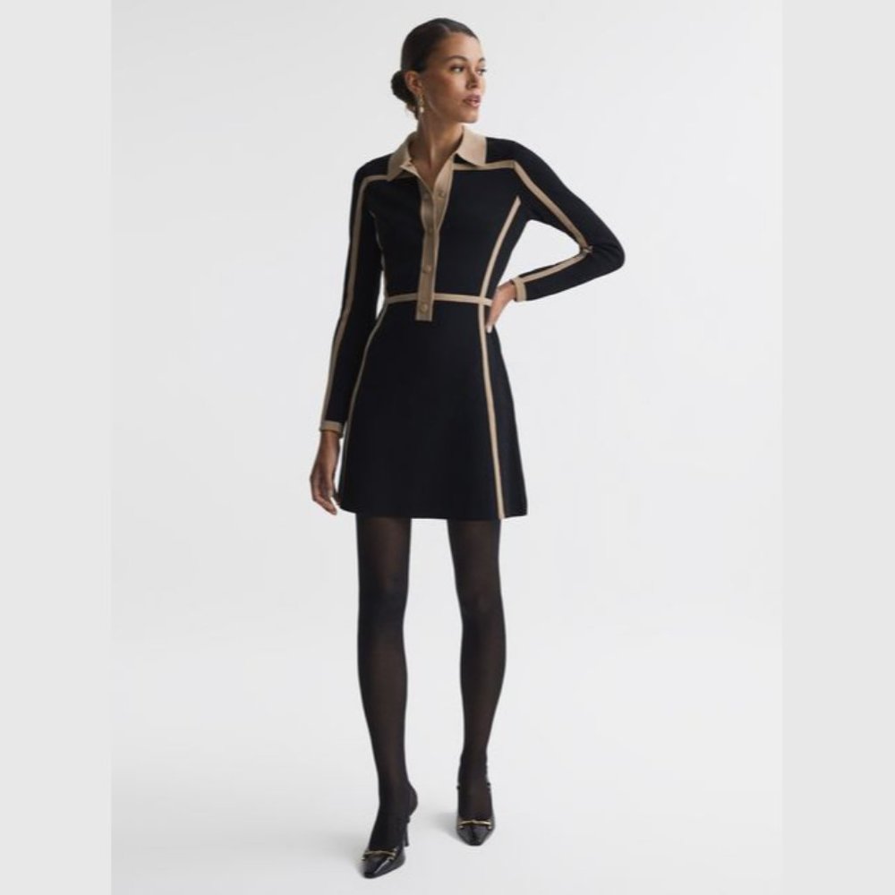 NWOT Reiss Nikki Contrast Trim Press-Stud Mini Dress Long Sleeve in Black Camel